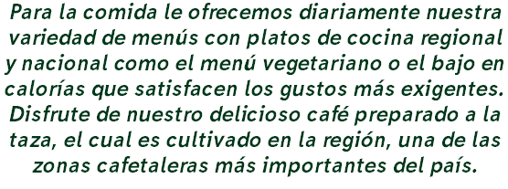 Para la comida le ofrecemos diariamente nuestra variedad de menús con platos de cocina regional y nacional como el menú vegetariano o el bajo en calorías que satisfacen los gustos más exigentes. Disfrute de nuestro delicioso café preparado a la taza, el cual es cultivado en la región, una de las zonas cafetaleras más importantes del país.